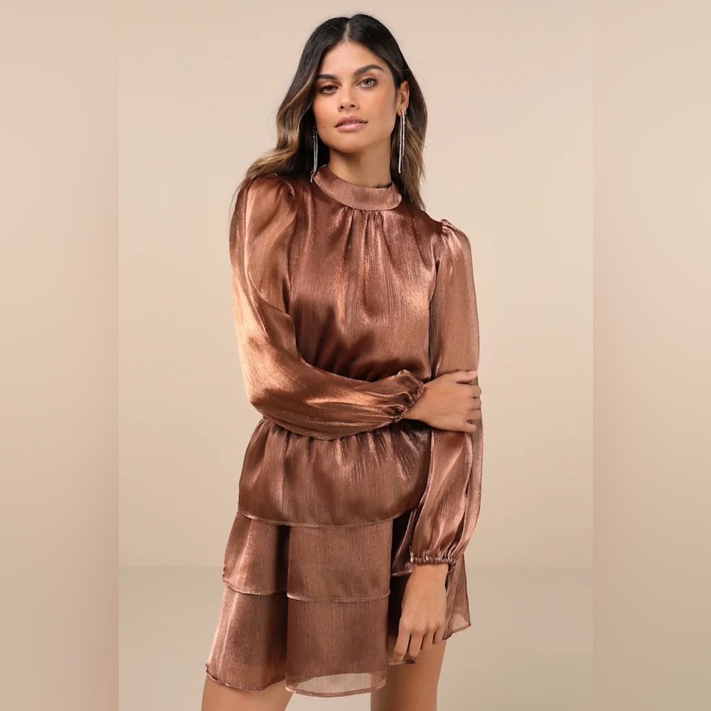 NWT‎ Lulus Dress Ideal Behavior Bronze Metallic Backless Tiered Mini Dress Small